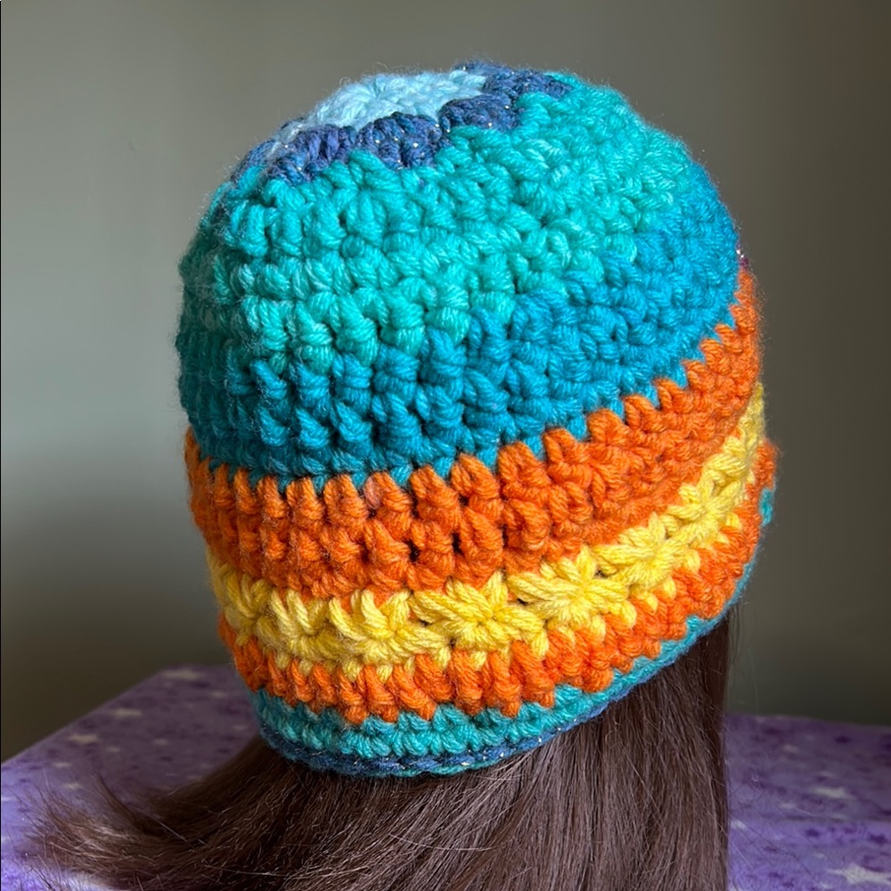 Colorful Crochet Beanie Hat medium acrylic yarn with sparkles new - Picture 5 of 7